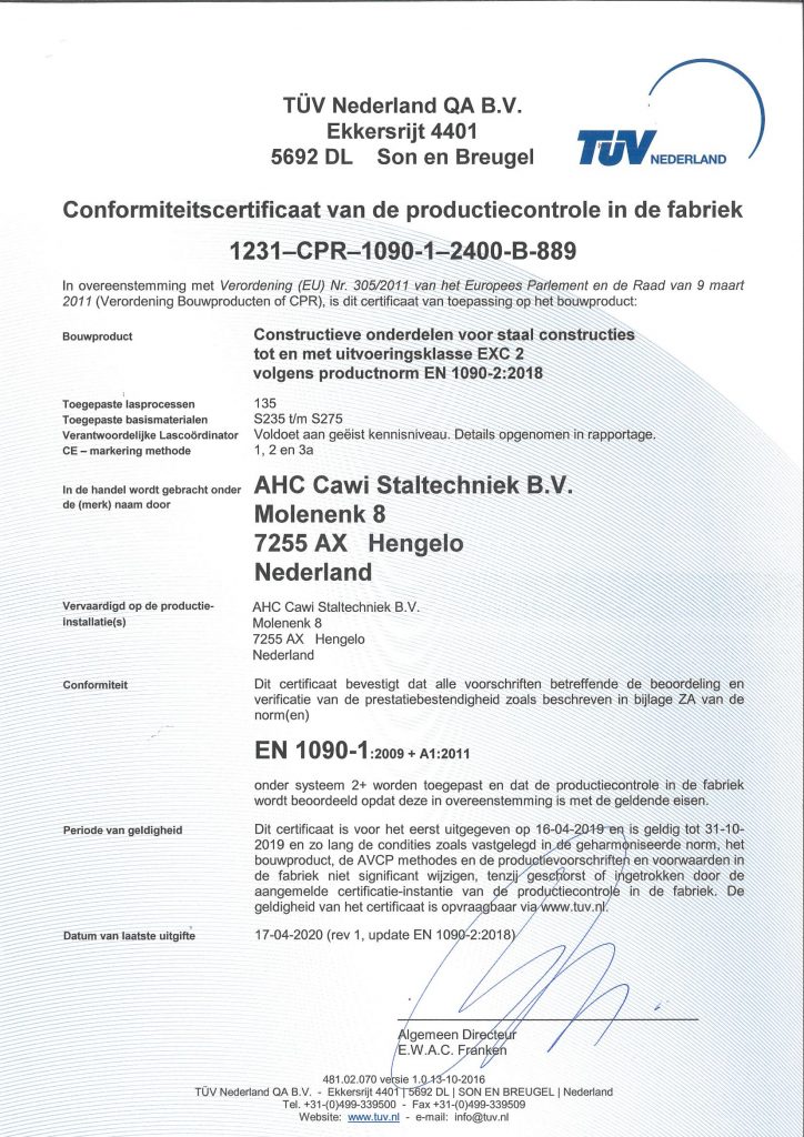 AHC Cawi Certificaat EN1090